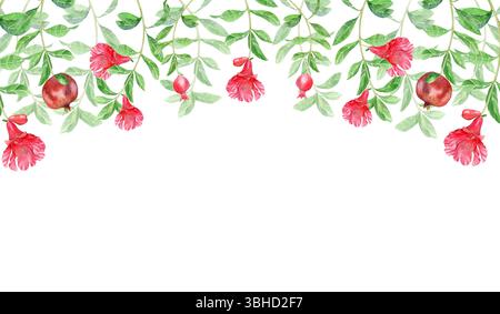 Rechteckige Granatapfelblätter, Blumen und Früchte Rahmen Aquarellillustration geeignet für Einladungen Design Drucke Textilien Verpackung Stockfoto