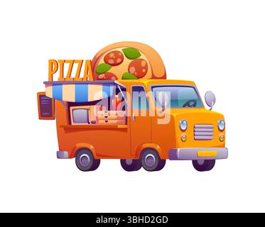 Cartoon Pizza Food Truck, Vintage Festival Street Foodtruck mit einer riesigen Pizza Hälfte oben. Vektor-Retro-Fahrzeug mit einer gelben Farbe, offenes Wartungsfenster mit Küchenausstattung, Menütafel und Markise Stock Vektor