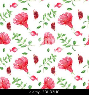 Nahtlose Granatapfelblume und Blatt Muster Aquarellillustration geeignet für Verpackung Textil Design Hintergrund Stockfoto