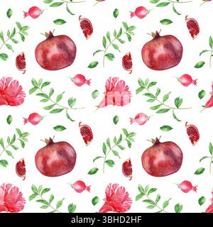 Nahtlose Granatapfelblume und Blatt Muster Aquarellillustration geeignet für Verpackung Textil Design Hintergrund. Hochwertige Fotos Stockfoto