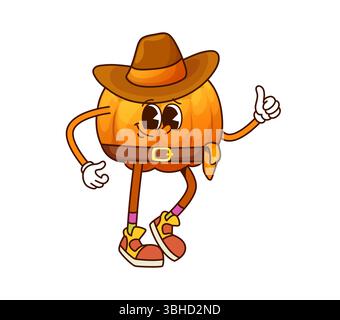 Cartoon grooviger Kürbis Cowboy und Banditen Gemüsefigur. Vector reife Kürbis gesunde Lebensmittel Persönlichkeit in Westernhut und Retro-Sneakers. Tapferer Vitamin-Gemüse-Verteidiger, bereit für den Wilden Westen Stock Vektor