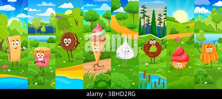 Collage mit Cartoon-Dessert-Charakteren. Lustige Vektorbonbons wie Kekse, Eis, Waffeln, Cupcake, Donut, Meringue oder Muffin Entspannen Sie sich in der Natur im Sommer. Komische lächelnde Konditorei-Persönlichkeiten strahlen Glück aus Stock Vektor