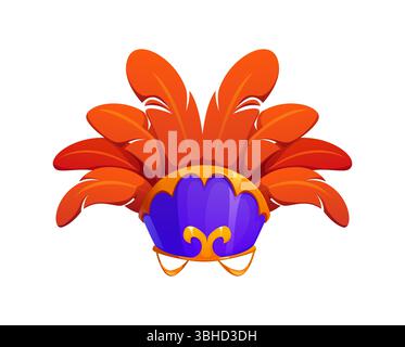 Brasilianische Karnevalsparty-Krone. Isolierter Cartoonvektor aus Kopfschmuck, verziert mit hellen orange und lila Federn, in einem raffinierten goldenen Rahmen, symbolisiert Festlichkeiten und kulturelle Feierlichkeiten Stock Vektor