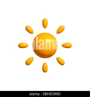 Glänzendes 3D-Sonnensymbol mit glatten orangefarbenen Strahlen auf weißem Hintergrund. Ideal für Sommermotive, Wetteroberflächen und brillante Grafikdesign-Projekte Stock Vektor