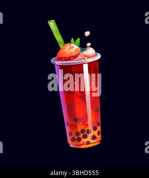 Zeichentrickfilm Milchblase Teeglas. Vector lebendiges Rot- und Orangengetränk mit Tapioka-boba-Perlen in einem transparenten Plastikbecher, gekrönt mit grünem Stroh, Erdbeere und Spritzern süßen Flüssiggetränk Stock Vektor