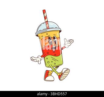 Cartoon grooviger Drink, Reise- und Freizeitcharakter. Sommerurlaub erfrischendes Getränk, kaltes süßes Getränk isolierte funky Persönlichkeit. Saftiger Cocktail Einwegbecher mit Deckel und groovigem Charakter Stock Vektor