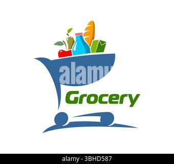 Einkaufssymbol oder abstraktes Emblem im Lebensmittelgeschäft. Online-Kauf- oder Lieferservice im Lebensmittelgeschäft, grafisches Symbol des Einzelhandelsunternehmens mit Milchflasche, Obst, Saftbox und Brotbrot im Warenkorb Stock Vektor