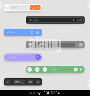 Eine Sammlung von übersichtlichen und minimalistischen, modernen UI-Elementen für die Benutzeroberfläche mit verschiedenen Designs für Suchleisten, Texteingabefelder und Navigationsmeldungen Stock Vektor