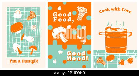 Set mit 3 Poster Designs in gesundem Food Konzept, Veggie Time! Serie. Niedliche handgezeichnete Gemüse-Illustration im minimalen Stil, perfekt für Poster, po Stockfoto