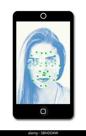 Smartphone mit Gesichtserkennungssoftware-App auf dem Bildschirm Stockfoto