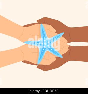 Zwei Handpaare in verschiedenen Hauttönen halten einen blauen Seestern, Draufsicht. Illustration des flachen Vektors Stock Vektor