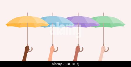 Hände in verschiedenen Hauttönen halten bunte Regenschirme hoch. Illustration des flachen Vektors Stock Vektor