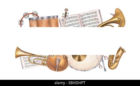Aquarellmusikalischer Rahmen mit Saxophon, Horn, Trommel und anderen Instrumenten isoliert Hintergrund. Horizontaler Rahmen mit Kopierraum für Text. Stockfoto