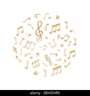Goldene gelbe Noten in kreisförmiger Aquarellkomposition. Goldene Soundsymbole Illustration isolierter Hintergrund. Stockfoto