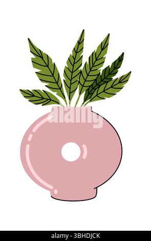 Abstrakte rosafarbene Vase mit grünen Blättern Stock Vektor