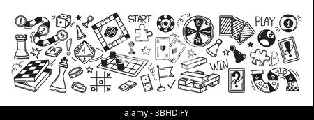 Brettspiele Kritzelset. Handgezeichnete Vektor-Illustration skizziert Symbole von Karten, Würfeln und Schachfiguren. Checker, Roulette, Poker, Domino, Lotto, Billard und andere Glücksspielsymbole. Freizeitkonzept für Familien Stock Vektor