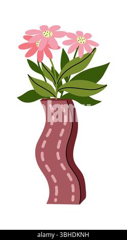 Abstrakte, kurvige Vase mit rosafarbenen Blumen und Blättern Stock Vektor