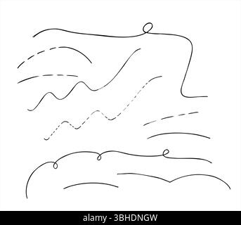 Schwarzweiß-Vektorlinien setzen Skizze für schwarze Tinte mit Strichgrafik fest. Durchgehende, gestrichelte, wellenförmige Kurven flach für Geschäftsgrafiken, Datenvisualisierung und Diagrammerstellung Stock Vektor