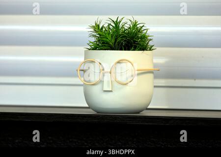 Kleine, amüsante Pflanzentöpfe in Form eines Gesichts mit Brillen, griechische Insel Tinos, Kykladen, Griechenland. Vom Juni 2025 Stockfoto