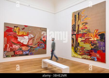 London, Großbritannien. Juni 2025. Ein Mitarbeiter läuft entlang zweier großer Rachel Jones-Werke, die beide unter dem Titel „Gated Canyons“ (2024) bekannt sind. Rachel Jones: Gated Canyons ist die mit Spannung erwartete Ausstellung des gefeierten Künstlers Rachel Jones und die erste zeitgenössische Einzelausstellung im Hauptausstellungsraum der Galerie. Termine: 10. Juni bis 19. Oktober 2025. Quelle: Imageplotter/Alamy Live News Stockfoto