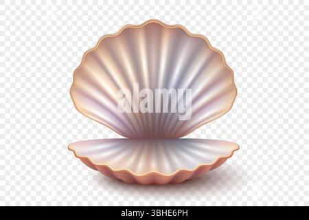 Vektor 3D realistische offene Muschel mit Perlglanz. Isolierte Muschel-Illustration für Stranddekor, Sommer-Design, Marine Branding. Muschel Stock Vektor