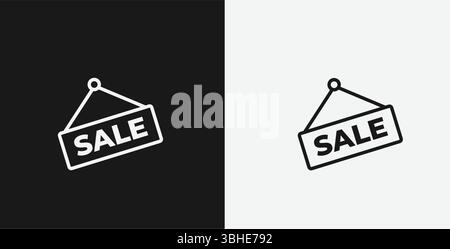 Weißes Umrisssymbol, hängendes VERKAUFSSCHILD auf schwarzem und weißem Hintergrund, das Einzelhandelsverkäufe oder Werbeaktionen repräsentiert Stock Vektor