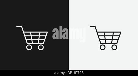 Weißes Outline-Symbol Einkaufswagen auf schwarzem und weißem Hintergrund, das Online-Shopping oder E-Commerce repräsentiert Stock Vektor