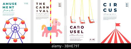 Farbenfrohe flache Vektorsätze mit Postern aus Zirkus und Vergnügungspark. Mit Karussell, Achterbahn, Riesenrad und festlichen Elementen. Perfekt für Kinderveranstaltungen, Stadtmessen und Sommerfeste. Stock Vektor