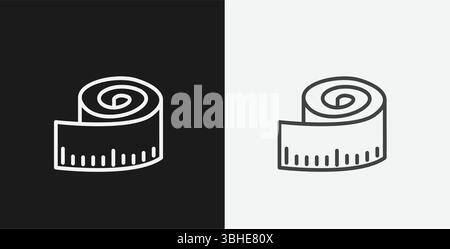Gerolltes Maßband mit Markierungen auf schwarzem und weißem Hintergrund, die Messung oder Anpassung darstellen, weißes Umrisssymbol Stock Vektor