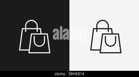 Weißes Outline-Symbol zwei Einkaufstaschen auf schwarzem und weißem Hintergrund, die den Einzelhandel oder den Einkauf darstellen Stock Vektor