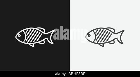 Fisch mit Grillmarkierungen auf schwarzem und weißem Hintergrund, die Meeresfrüchte oder gekochten Fisch darstellen, weißes Outline-Symbol Stock Vektor