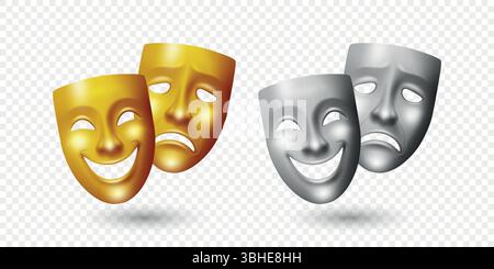 Vektor-Realistische Theater-Maske Set. Comedy- und Tragödie-Masken. Klassische goldene und silberne Theatermaske für Bühnendesign, griechisches Drama, Schauspiel, Aufführung Stock Vektor