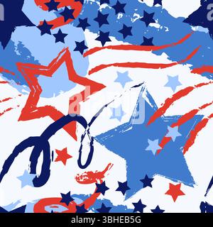 Abstraktes patriotisches nahtloses Muster. Handgezeichnete Sterne und Streifen im Kreide-Stil. Vektor USA Flaggenhintergrund für 4. Juli, Modedruck, wr Stock Vektor