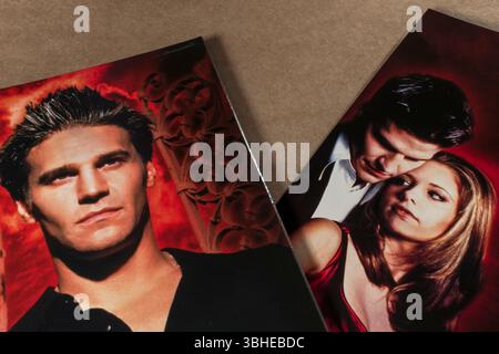 Flyer mit Buffy Summers und Angel aus der tv-Serie „Buffy the Vampire Slayer“. Romantischer Hintergrund mit fiktiven Charakteren. Stockfoto