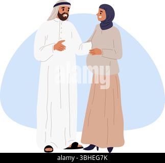 Schwangere Frau im Hijab. Mann in traditioneller muslimischer Kleidung umarmt Ehefrau. Saudische Familie erwartet Geburt. Schwangerschaft oder Elternschaft. Bauchmutter an Stock Vektor