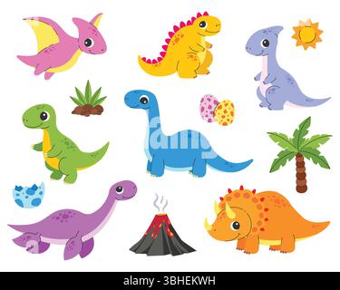 Süße Babydinosaurier. Marine, Raubtiere, pflanzenfressende und fliegende Dinosaurier, Dinosauriereier und Palmen. Vektorabbildung Stock Vektor