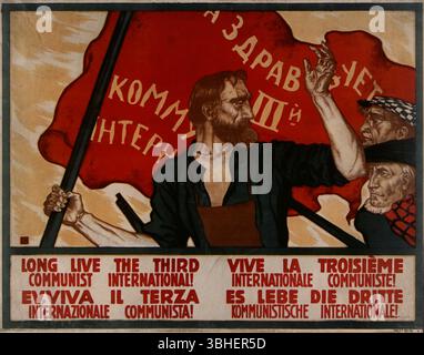 Es lebe die dritte kommunistische Internationale! Russisch-- 1917-1921 (Revolution). Vintage 1920er Jahre sowjetisches Werbeplakat, Stockfoto