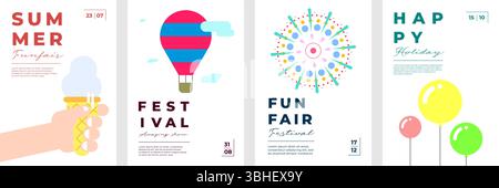 Flaches Vektor-Poster Set von Sommer Karneval und Jahrmarkt mit Kinderaktivitäten. Hand mit Eis, Ballons und Feuerwerk. Perfekt für Partyflyer, Urlaubsveranstaltungen und festliche Banner. Stock Vektor