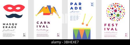 Buntes Poster mit festlichen Masken, Trommeln, Feuerwerk und geometrischen Mustern. Perfekt für Partyflyer, Paradebanner, Festivaleinladungen oder Festtagsfeiern. Stock Vektor