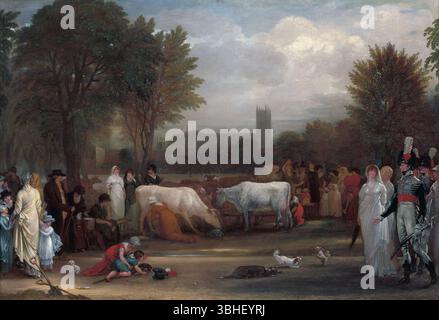 Öl auf Tafelgemälde von Milkmaid's in St James Park Westminster Abbey Beyond London 1801 von Benjamin West Georgian Ära Vintage-Kunstwerken. Stellt das östliche Ende des St. James's Park dar und zeigt die „Milk-Fair“, die vom späten 18. Bis frühen 20. Jahrhundert täglich im Park stattfand. Das Gemälde zeigt Milchmädchen, die frische Milch an Parkbesucher verkaufen, wobei Kühe im Park gemolken werden und verschiedene Londoner beobachten Stockfoto