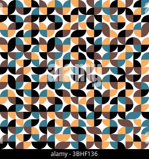 Nahtloses Muster im bauhaus-Stil in Farbe. Modernes Ornament mit Gitter- und Fliesenquadraten, Halbkreisen und Halbkreisen. Abstraktes geometrisches Retro Stock Vektor