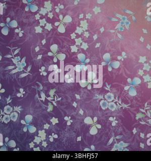 Titel: Lila Blumenmuster mit blauen Schmetterlingen und Blättern Stockfoto
