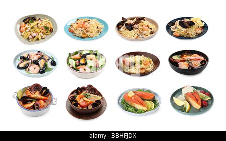 Leckere Gerichte mit Meeresfrüchten isoliert auf weiß, Set Stockfoto
