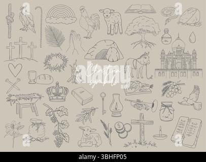 Christian Line Symbols Sketch, Religion Hand gezeichnete Kunst, biblische Symbole kritzeln Stock Vektor