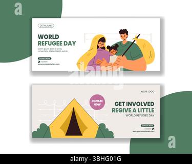 Horizontale Banner-Vorlage für den Weltflüchtungstag mit flacher Illustration im Cartoon-Stil Stock Vektor
