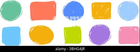 Buntes Textfeld mit quadratischen und kreisförmigen Buntstiften. Helle handgezeichnete Sticker Shape Kollektion. Geometrisches Patchpaket mit rauen Kanten. Verspielte Rahmen und Rahmen mit Kritzelten. Vektorkindliche gekritzelte Elemente Stock Vektor