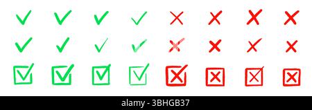 Häkchen-Symbol-Set aktivieren. Kreuzfeld x Häkchen Kontrollkästchen V Liste Vektor Zeichnung handgezeichnet Skizze Kritzelpinsel Marker Checkliste Symbol falscher rechter Kreis. Vektorabbildung Stock Vektor