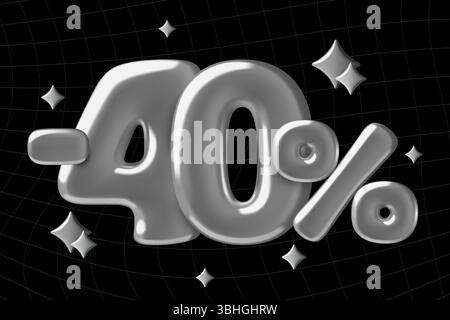 40 % Rabatt auf Banner im y2k-Stil mit 3D-Zahlen aus Chrom-Metall und Sternen auf schwarzem Hintergrund Stock Vektor
