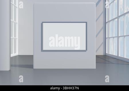 Geräumige Galerie mit großen Fenstern und einem leeren Rahmen für die Darstellung von Kunstwerken. 3D-Rendering Stockfoto