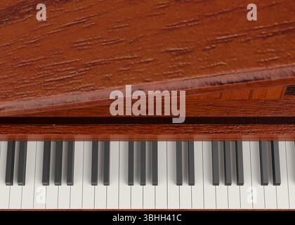 Hochdetaillierte 3D-Nahansicht eines Holzflügels mit Schwerpunkt auf der polierten Oberfläche und den schwarz-weißen Tasten. Satte Holzstruktur und Stockfoto